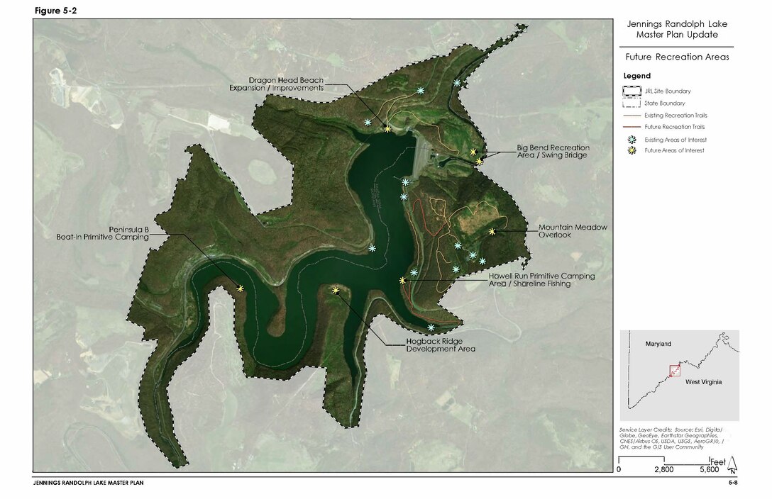 The Jennings Randolph Lake Master Plan Update future recreation map depicts locations and activities that can serve as possible future recreational opportunities throughout the project.