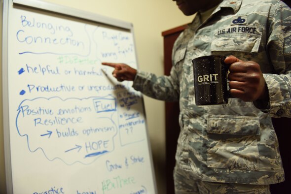 U.S. Air Force Maj. Lyndel Miller, 39th Air Base Wing Inspector General office director of complaints, reviews resiliency talking points Sept. 9, 2019, on Incirlik Air Base, Turkey. Incirlik Airmen are pushing forward with Operation GRIT, an initiative created by U.S. Air Forces in Europe-Air Forces Africa to improve military culture, create safer communities and develop productive Airmen. (U.S. Air Force photo by Staff Sgt. Joshua Magbanua)