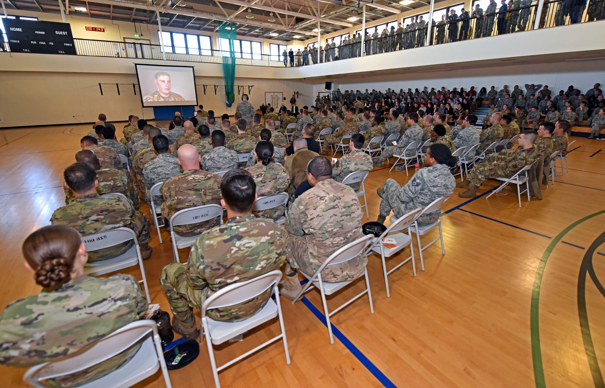 Airmen with the 100th Air Refueling Wing listen to stories of resilience during a wing-wide all-call addressing suicide awareness at RAF Mildenhall, England, Sept. 5, 2019. The 100th ARW hosted two all- calls as part of the Air Force-wide Resilience Tactical Pause implemented by Air Force Chief of Staff Gen. David L. Goldfein and Chief Master Sergeant of the Air Force Kaleth O. Wright (U.S. Air Force photo by Airman 1st Class Brandon Esau)