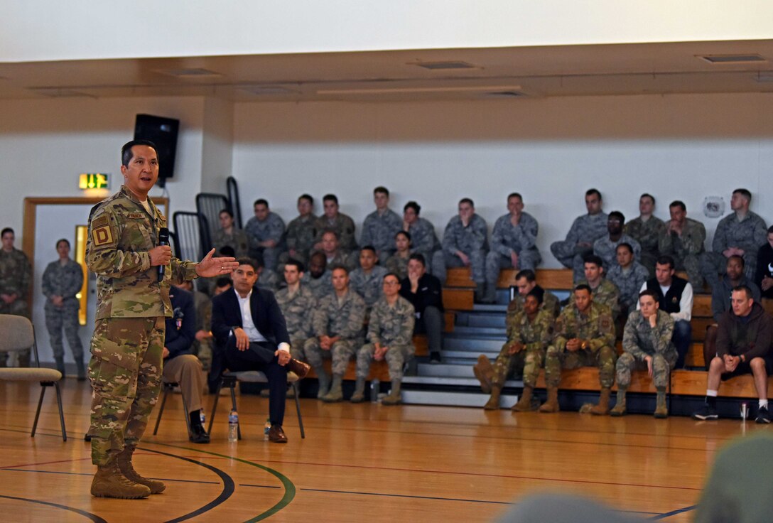 Colonel Troy Pananon, 100th Air Refueling Wing commander, addresses Airmen during a wing-wide all call addressing suicide awareness at RAF Mildenhall, England, Sept. 5, 2019. The all calls kicked off a wing-wide effort to take a Resilience Tactical Pause to address suicide awareness. (U.S. Air Force photo by Airman 1st Class Brandon Esau)