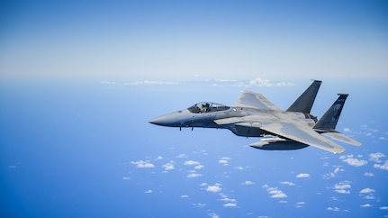 A United States Air Force F-15 Eagle from the 173rd Fighter Wing out of Kingsley Field in Klamath Falls, Oregon, flies over the Pacific Ocean during the Sentry Aloha exercise at Joint Base Pearl Harbor-Hickam, August 27, 2019.