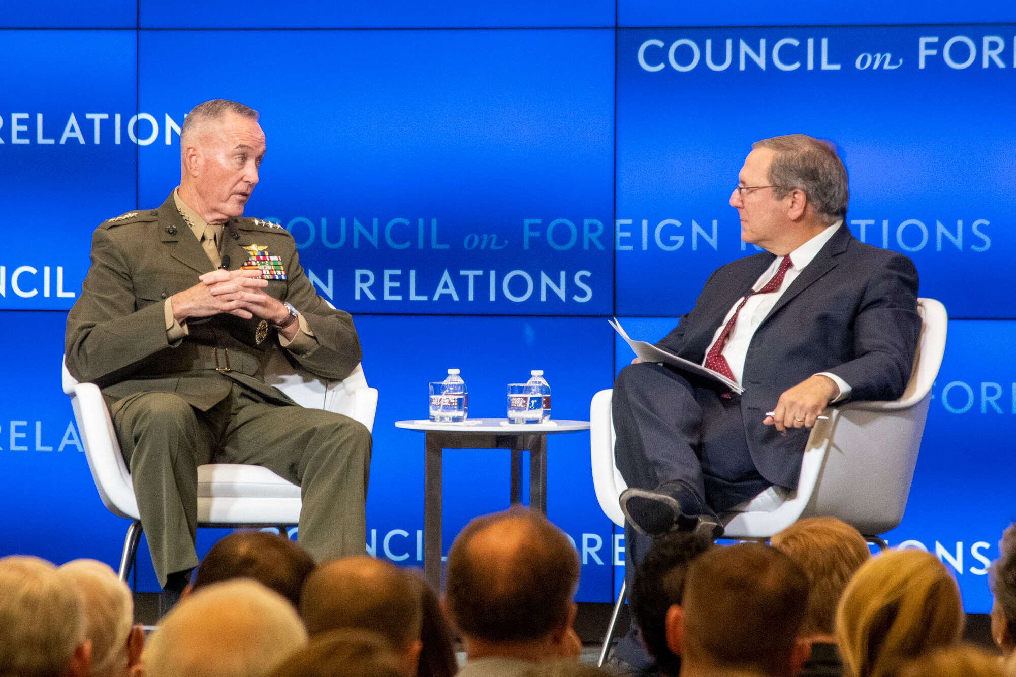 Marine Corps Gen. Joe Dunford, chairman of the Joint Chiefs of Staff, is interviewed by David Sanger during a speaking engagement for the Council on Foreign Relations at the CFR building in Washington, D.C., Sept. 5, 2019.