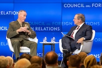 Marine Corps Gen. Joe Dunford, chairman of the Joint Chiefs of Staff, is interviewed by David Sanger during a speaking engagement for the Council on Foreign Relations at the CFR building in Washington, D.C., Sept. 5, 2019.