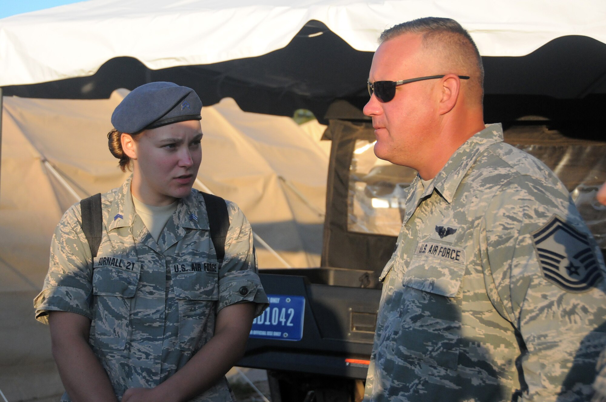 Cadet 3rd Class Kaura Gornall, U.S. Air Force Academy junior, interacts with her father, Senior Master Sgt. John Gornall, a medical technician with the 445th Aeromedical Staging Squadron, July 29, 2019 at the Academy.