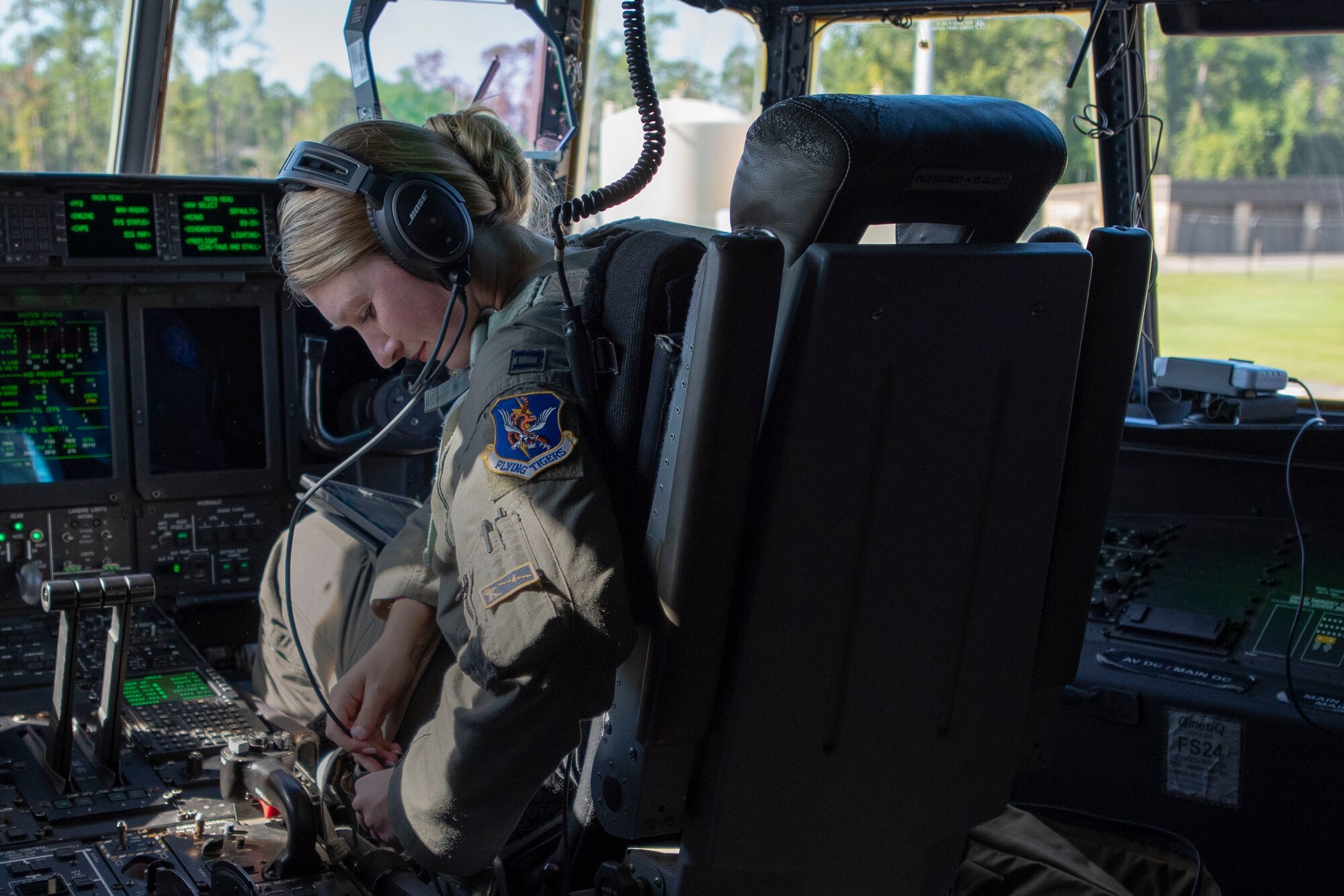 Capt. Sarah Edwards, 71st Rescue Squadron (RQS) pilot, prepares for takeoff in the cockpit of an HC-130J Combat King II before the airframe’s first flight to be operated by an all-female aircrew Sept. 6, 2019, at Moody Air Force Base, Ga. The 71st RQS provides rapidly deployable, expeditionary personnel recovery forces for contingency and crisis response operations worldwide. (U.S. Air Force photo by 2nd Lt. Kaylin P. Hankerson)