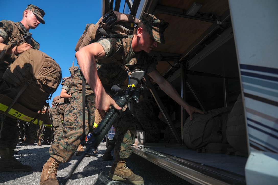 Recruits, Marines, and Sailors begin returning to Marine Corps Recruit Depot Parris Island at Marine Corps Logistic Base Albany, Ga., Sept 6, 2019.  MCLB Albany received over 6,000 personnel who evacuated the depot due to Hurricane Dorian.  



Recruits at MCLB Albany conducted a variety of training events to include close order drill, academic classes, land navigation, martial arts training and infantry patrolling techniques.



(U.S. Marine Corps Photo by Cpl. Yamil Casarreal)