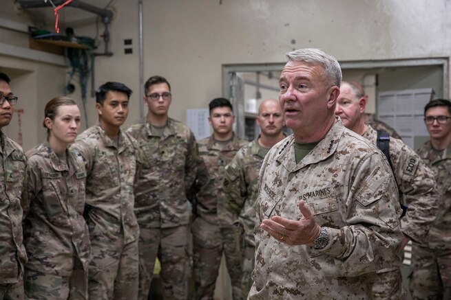 U.S. Marine Corps Gen. Kenneth F. McKenzie Jr., the commander of U.S. Central Command, speaks to U.S. Soldiers assigned to Train Advise Assist Command – East during his visit in Jalalabad, Afghanistan, Sept. 9, 2019. (U.S. Marine Corps photo by Sgt. Roderick Jacquote)