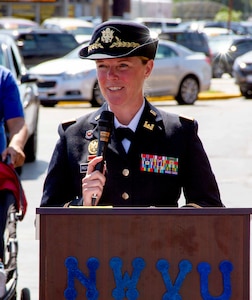 Maj. Elizabeth Roxworthy speaks during the dedication ceremony of the Sgt. Simone A. Robinson Women Veteran’s Center on Sept. 7