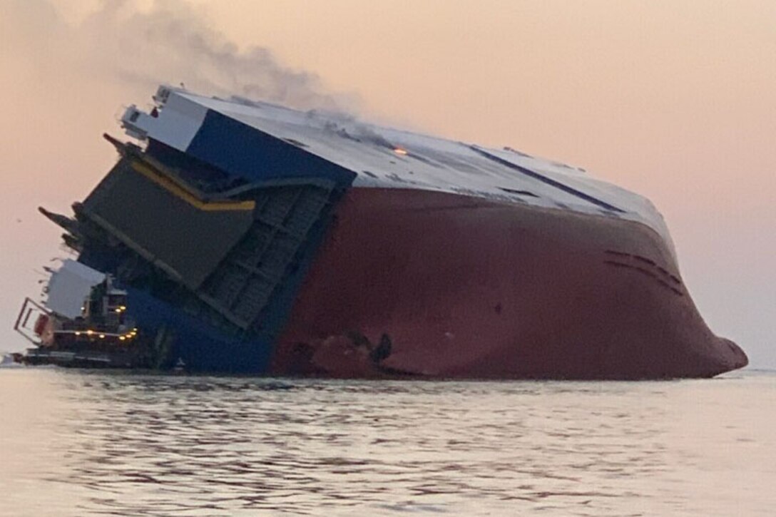 The Golden Ray cargo ships lists to one side.