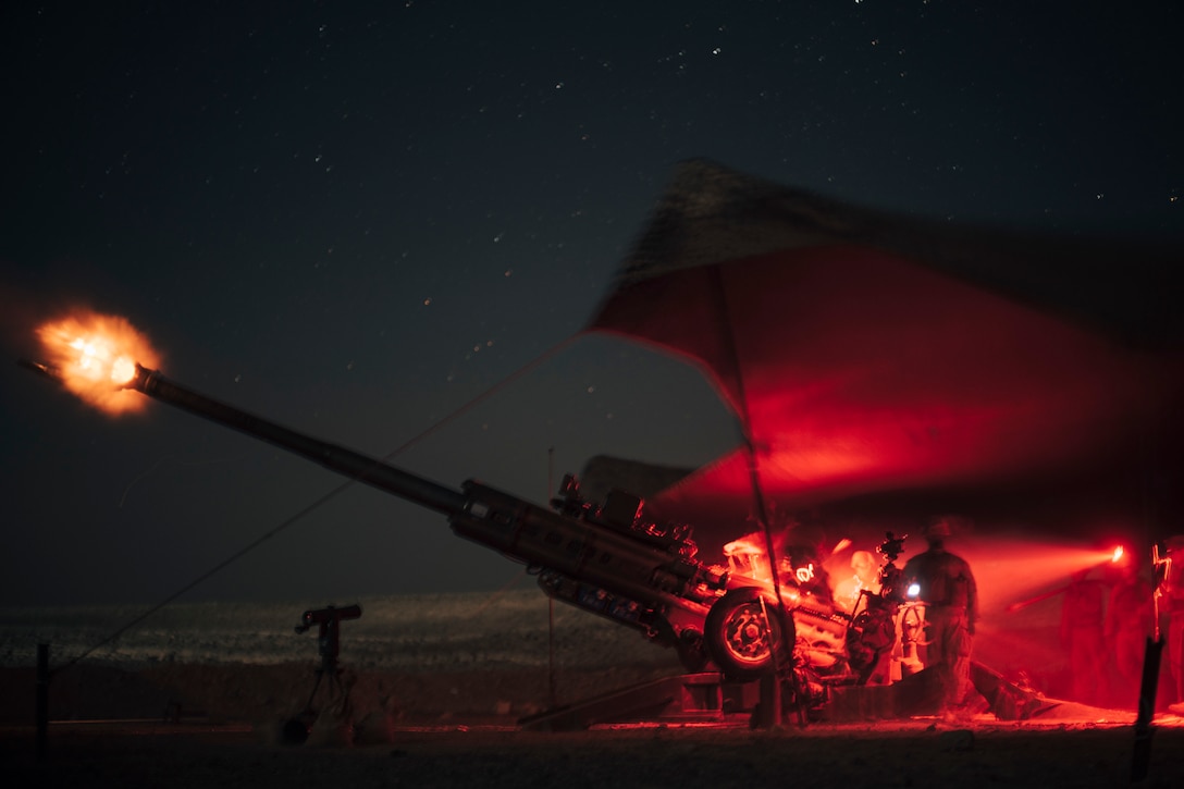 U.S. Marines fire an M777 towed 155mm howitzer during exercise Eager Lion 2019, Sept. 4.