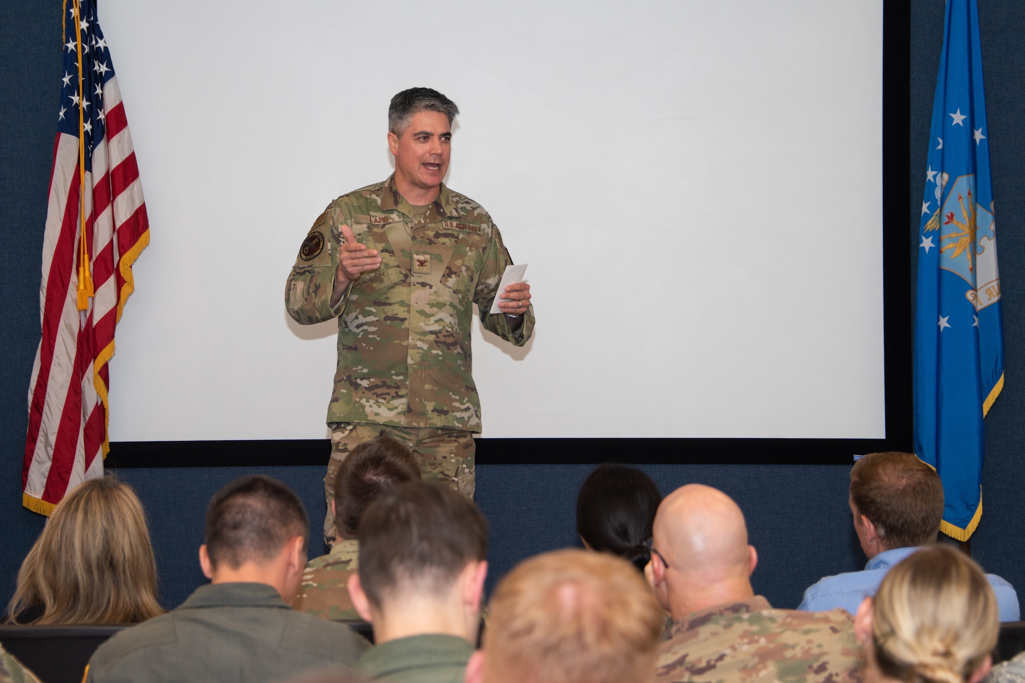 Col. Jason Lamb, Air Education and Training Command Director of Intelligence, Analysis, and Innovation, speaks with the latest graduates of Air University’s Leadership Development Course for Squadron Command, Aug. 29, 2019, on Maxwell Air Force Base, Alabama. This eight day course, developed in response to the Chief of Staff of the Air Force, Gen. David Goldfein, priority of revitalizing the squadron aims to develop officers and civilians approaching positions of command.