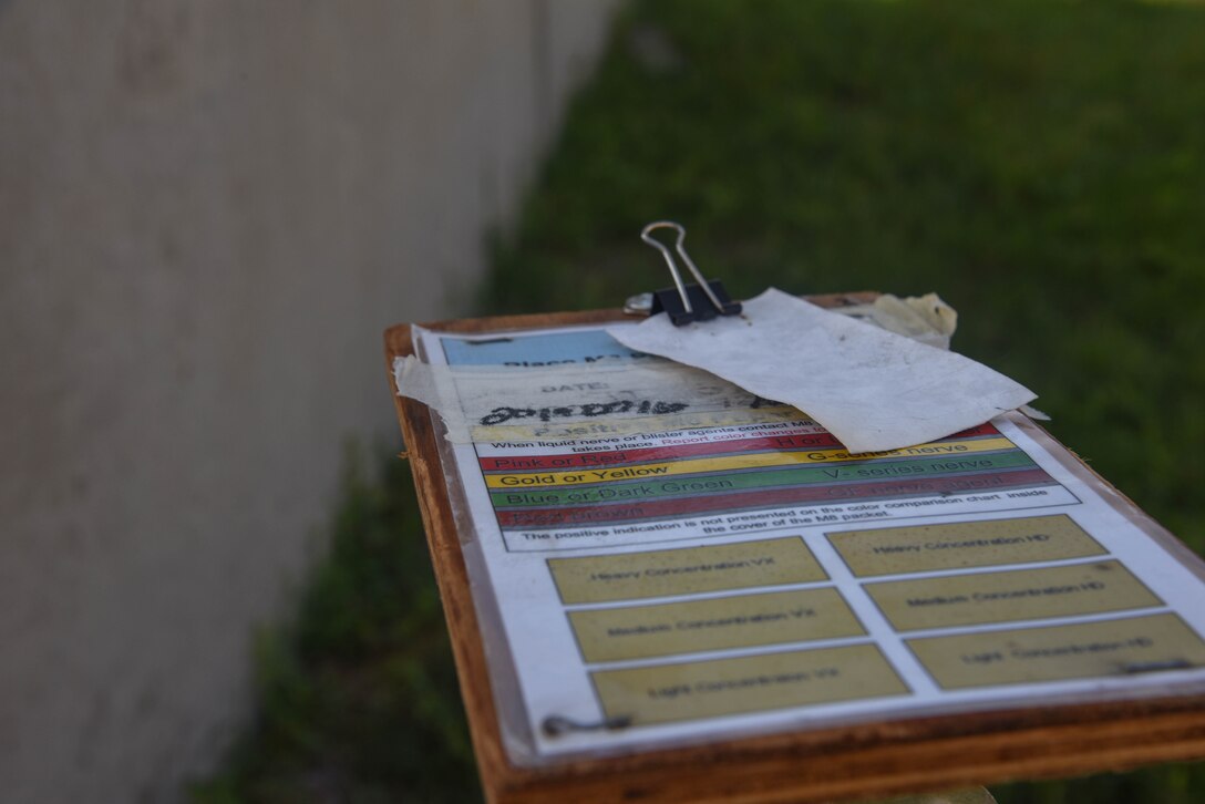 Chemical agent detection paper sits at the corner of a training contamination zone Sept. 5, 2019, at McConnell Air Force Base, Kan. Chemical detection paper is used to detect chemical agents in a zone after a chemical, biological, radiological and nuclear attack. (U.S. Air Force photo by Airman 1st Class Marc A. Garcia)