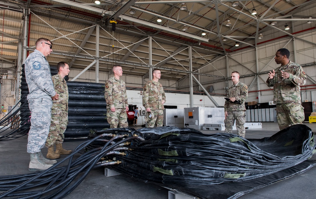 U.S. Air Force Tech. Sgt. Mitchell Brewington (far right), 39th Maintenance Squadron transient alert crash and recovery section chief, explains the capabilities of pneumatic lifting bags to leadership from the 39th Air Base Wing during a 39th MXS immersion tour Sept. 5, 2019, at Incirlik Air Base, Turkey. The lifting bags assist the section with performing their primary mission of ensuring the runway is clear and ready to support NATO’s southern region. (U.S. Air Force photo by Staff Sgt. Ceaira Tinsley)