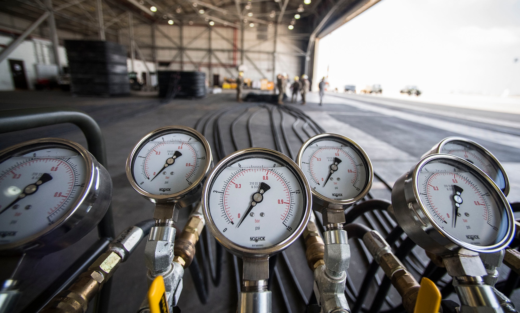 A pneumatic manifold is seen prior to a demonstration during an immersion tour Sept. 5, 2019, at Incirlik Air Base, Turkey. The manifold control console is used to control and monitor inflation of the 15-and-26 ton airbags. (U.S. Air Force photo by Staff Sgt. Ceaira Tinsley)