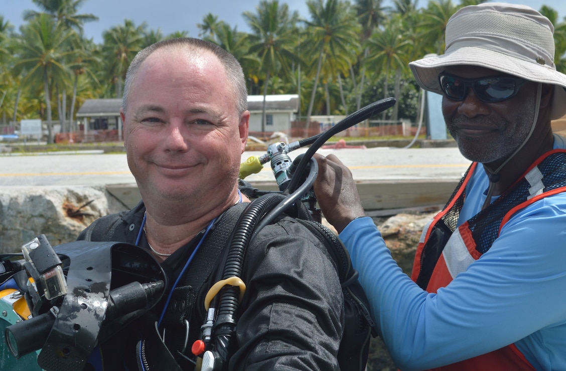 Darryl Bishop (right) and Steve England (left) serve on the USACE Forward Response Technical Dive Team. The team conducted above and below water inspections of waterfront infrastructure from Aug. 13-26, 2019 at the U.S. Army Garrison Kwajalein Atoll in the Republic of the Marshall Islands. The dive team performs underwater inspections around the world on behalf of the Army’s Installation Management Command.