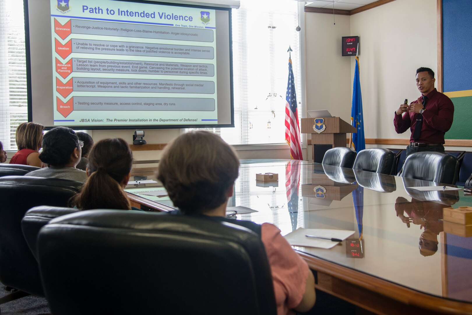 Nick Blancaflor teaches an insider threat prevention class on Sept. 5 at Joint Base San Antonio-Randolph. The 502nd Security Forces Group class teaches students how to recognize signs of a potential active shooter and how to report.