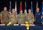 Joint Base San Antonio leaders pledged to support programs and initiatives to reduce suicide among service members and their families, retirees, veterans and Department of Defense civilians at a proclamation signing ceremony in observance of Suicide Prevention Month held at the JBSA-Fort Sam Houston Military & Family Readiness Center Sept. 3. Signing the proclamation were (from left) Lt. Col. Chad Humphrey, U.S. Marine Corps officer in charge, Wounded Warrior Battalion East, Detachment San Antonio; Brig. Gen. Laura L. Lenderman, 502nd Air Base Wing and JBSA commander; Rear Adm. Tina Davidson, Navy Medicine Education, Training and Logistics Command commander; Lt. Gen. Laura Richardson, U.S. Army North (Fifth Army) commander; and Cmdr. Libby Rasmussen, U.S. Coast Guard, Department of Homeland Security, Joint Task Force-West.