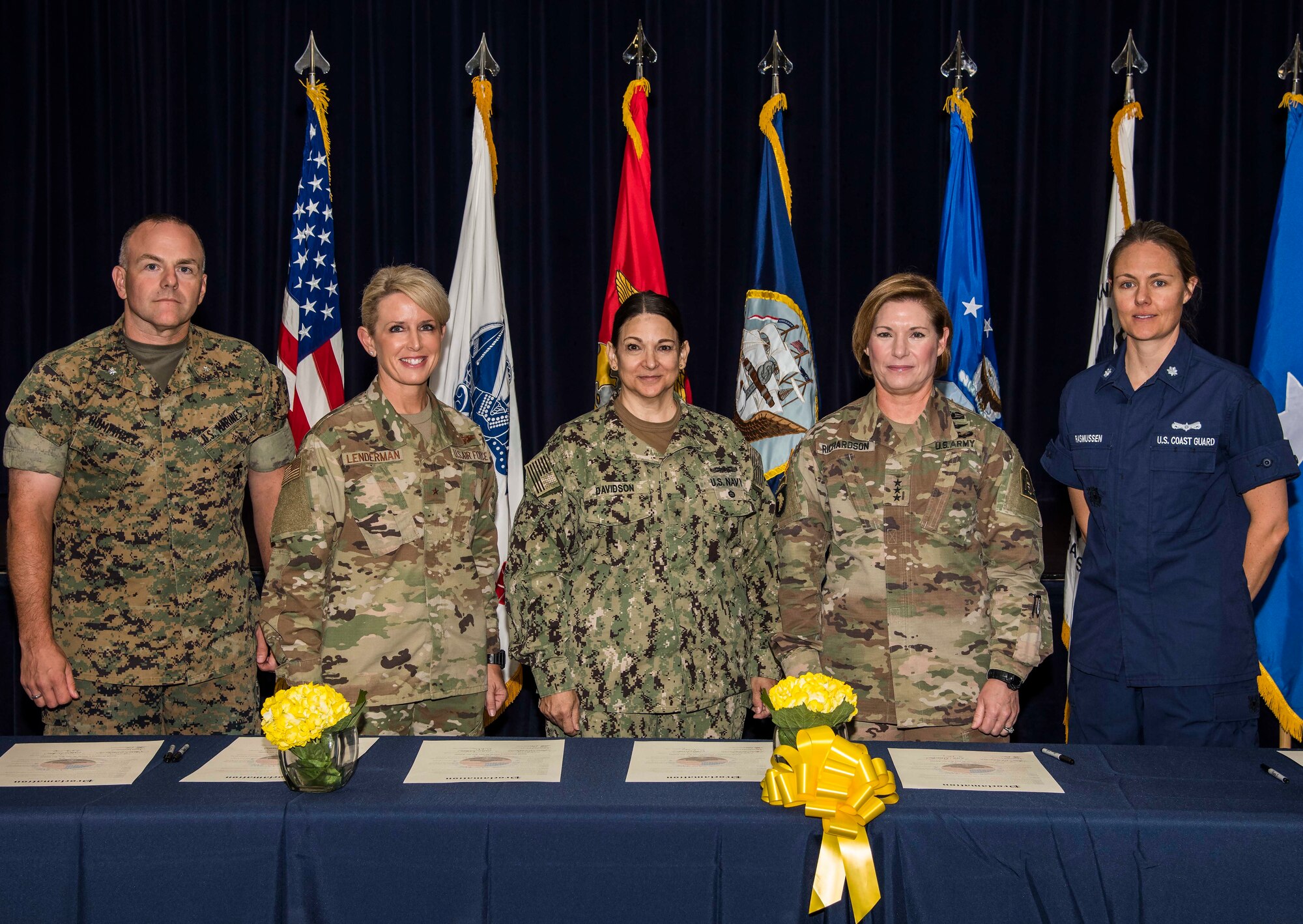 Joint Base San Antonio leaders pledged to support programs and initiatives to reduce suicide among service members and their families, retirees, veterans and Department of Defense civilians at a proclamation signing ceremony in observance of Suicide Prevention Month held at the JBSA-Fort Sam Houston Military & Family Readiness Center Sept. 3. Signing the proclamation were (from left) Lt. Col. Chad Humphrey, U.S. Marine Corps officer in charge, Wounded Warrior Battalion East, Detachment San Antonio; Brig. Gen. Laura L. Lenderman, 502nd Air Base Wing and JBSA commander; Rear Adm. Tina Davidson, Navy Medicine Education, Training and Logistics Command commander; Lt. Gen. Laura Richardson, U.S. Army North (Fifth Army) commander; and Cmdr. Libby Rasmussen, U.S. Coast Guard, Department of Homeland Security, Joint Task Force-West.