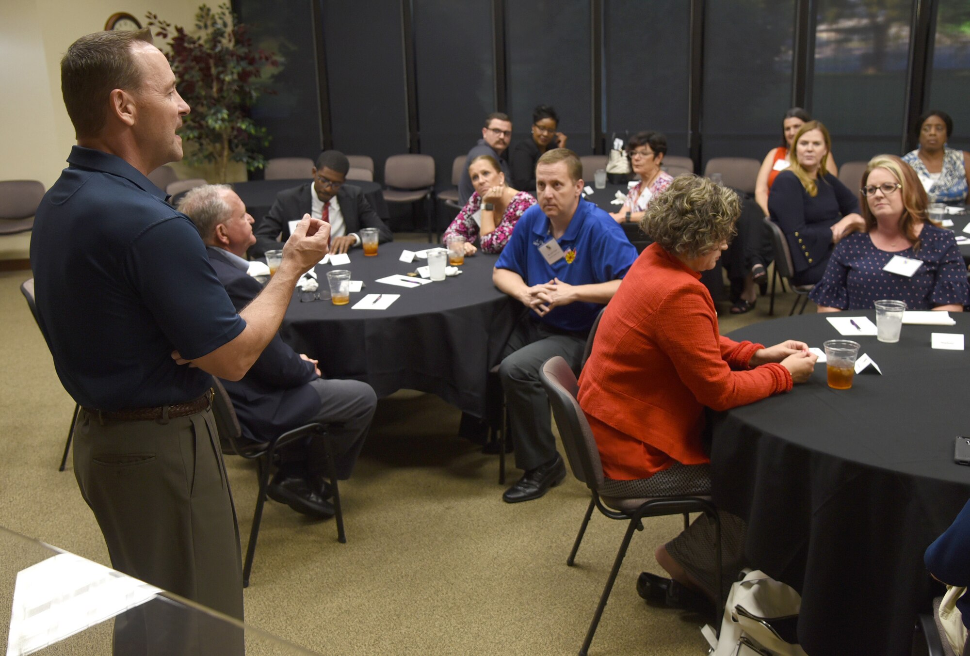Col. Paul Filcek, 72nd Air Base Wing and Tinker installation commander, welcomes attendees to the Mental Wellness Community Dinner held at the Midwest City Chamber of Commerce Sept. 4, 2019. Community helping agencies and members of Team Tinker were able to share information and ideas on suicide prevention and mental well-being during the event.