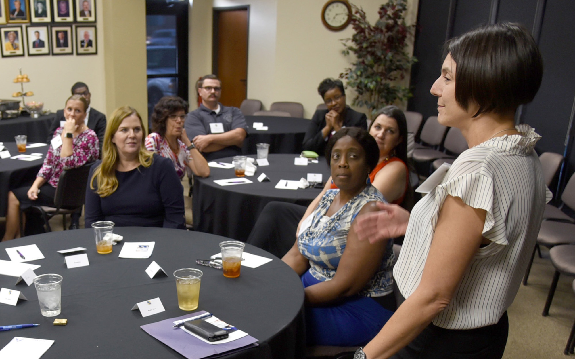 Maj. Denise Zona, 72nd Medical Group Mental Health Flight commander, talks about the importance of forming and maintaining relationships during a community dinner Sept. 4, 2019, at the Midwest City Chamber of Commerce. During the dinner, members of Team Tinker and representatives from community organizations shared ideas and experiences about suicide prevention.