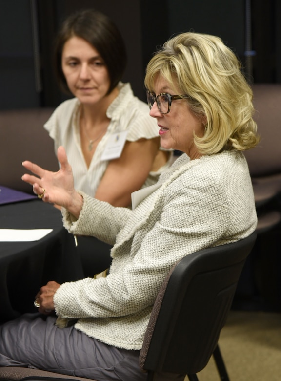 Teresa Deck, the clinical director for Green Shoe Foundation in Edmond, Oklahoma,, talks about the importance of building and maintaining relationships during a Mental Wellness Community Dinner at the Midwest City Chamber of Commerce Sept. 4, 2019. Helping agency members from the surrounding community came together with members of Team Tinker to discuss and share ideas on mental well-being and suicide prevention.