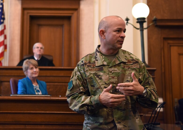 U.S. Air Force Col. Andres Nazario, 17th Training Wing commander addresses U.S. citizenship applicants at the Naturalization Ceremony in the O.C. Fisher Federal Building September 4, 2019. Nazario gave a special address at the Naturalization Ceremony to share his experience as an American Citizen. (U.S. Air Force photo by Airman 1st Class Ethan Sherwood)