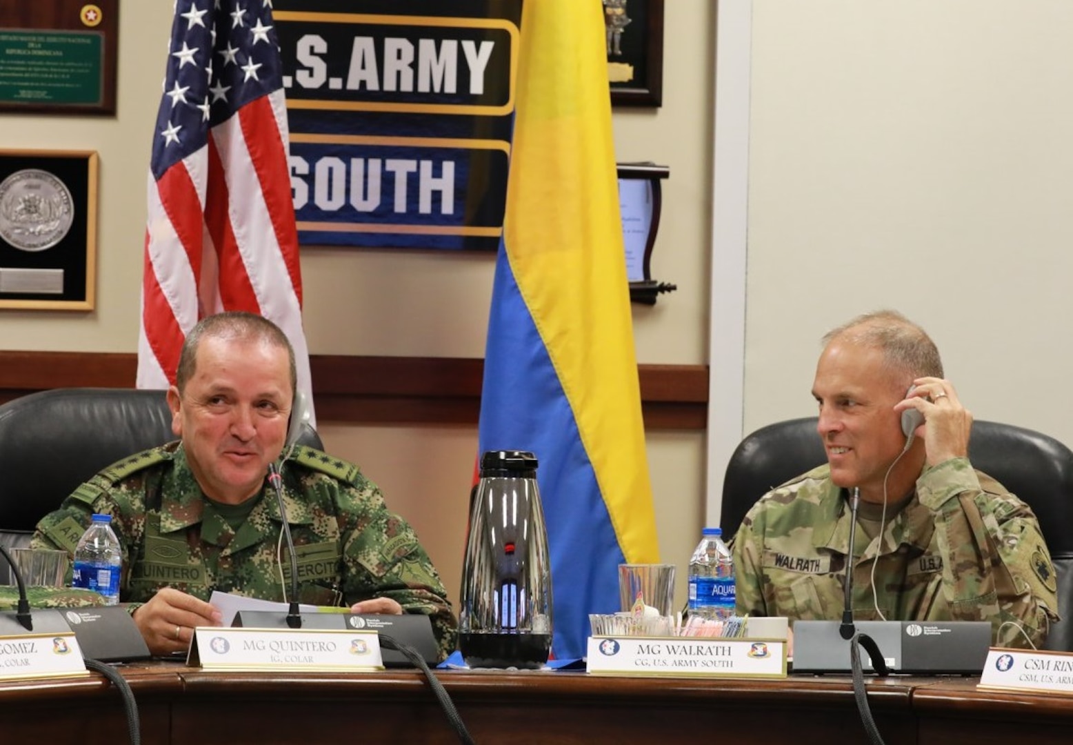 Maj. Gen. Oscar Alberto Quintero Gonzales (left), Inspector General of the Colombian Army, meets with Maj. Gen. Daniel Walrath, U.S. Army South commander during the bilateral staff talks hosted by U.S. Army South at Fort Sam Houston from Sept. 5-6. U.S. Army South, as the U.S. Army's executive agent, hosted bilateral staff talks with Colombian army leaders Sept. 5-6 at Joint Base San Antonio-Fort Sam Houston, to develop professional partnerships and increase interaction between armies. These talks will strengthen and plan future strategic, operational, and security agreements.