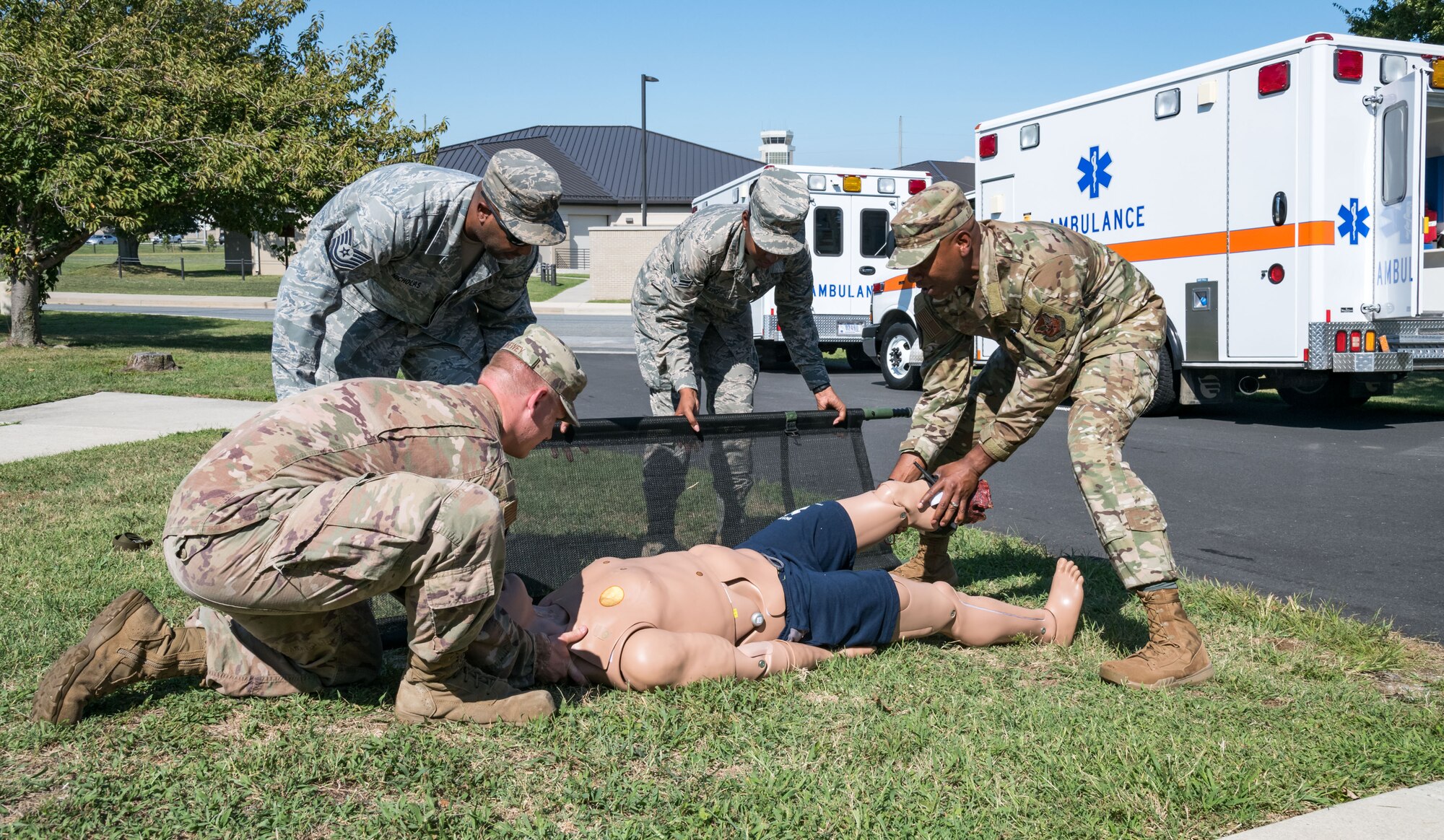 Chief Master Sgt. of the Air Force Kaleth O. Wright participates in the 436th Medical Group’s “Best of the Best” competition Sept. 3, 2019, at Dover Air Force Base, Del. Participants performed tourniquet application, litter carrying and pharmacy procedures during the competition. (U.S. Air Force photo by Roland Balik)