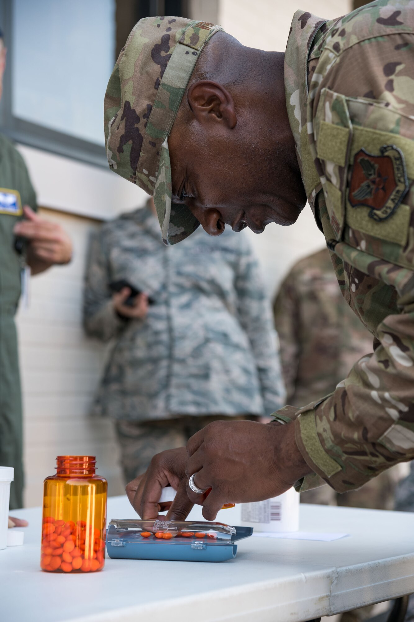 Chief Master Sgt. of the Air Force Kaleth O. Wright participates in the 436th Medical Group’s “Best of the Best” competition Sept. 3, 2019, at Dover Air Force Base, Del. Participants performed tourniquet application, litter carrying and pharmacy procedures during the competition. (U.S. Air Force photo by Roland Balik)