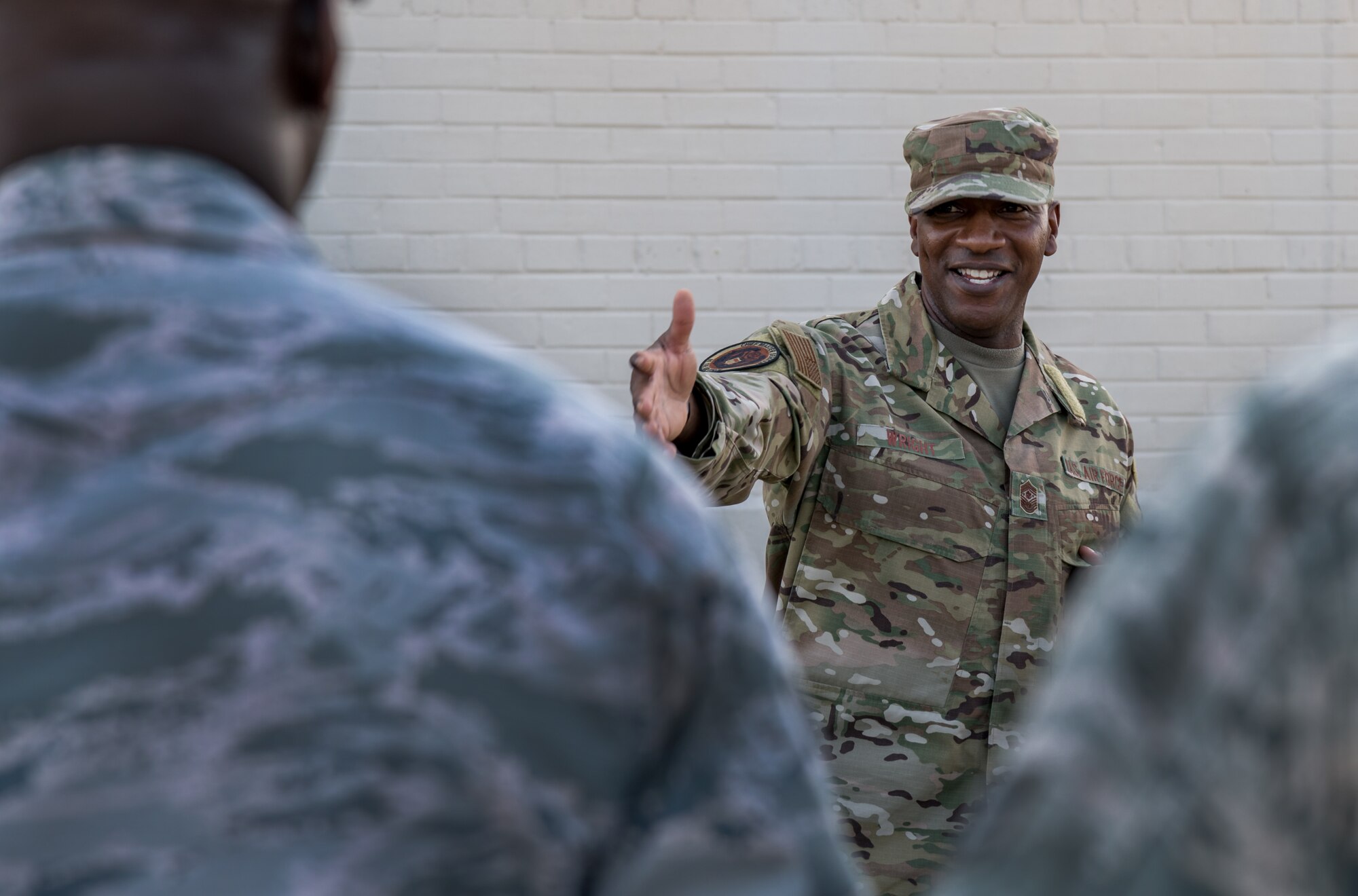 Chief Master Sgt. of the Air Force Kaleth O. Wright talks with Airmen of the 436th Medical Group Sept. 3, 2019, at Dover Air Force Base, Del. Wright shared stories and provided top-level support to Dover Airmen for their continued excellence. (U.S. Air Force photo by Roland Balik)