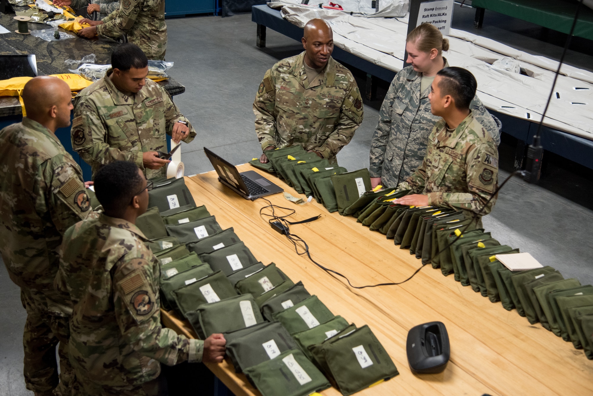 Chief Master Sgt. of the Air Force Kaleth O. Wright speaks with 436th Operations Support Squadron aircrew flight equipment Airmen at Dover Air Force Base, Del., Sept. 4, 2019. The AEF visit was a part of a two-day tour of Dover AFB. (U.S. Air Force photo by Staff Sgt. Damien Taylor)
