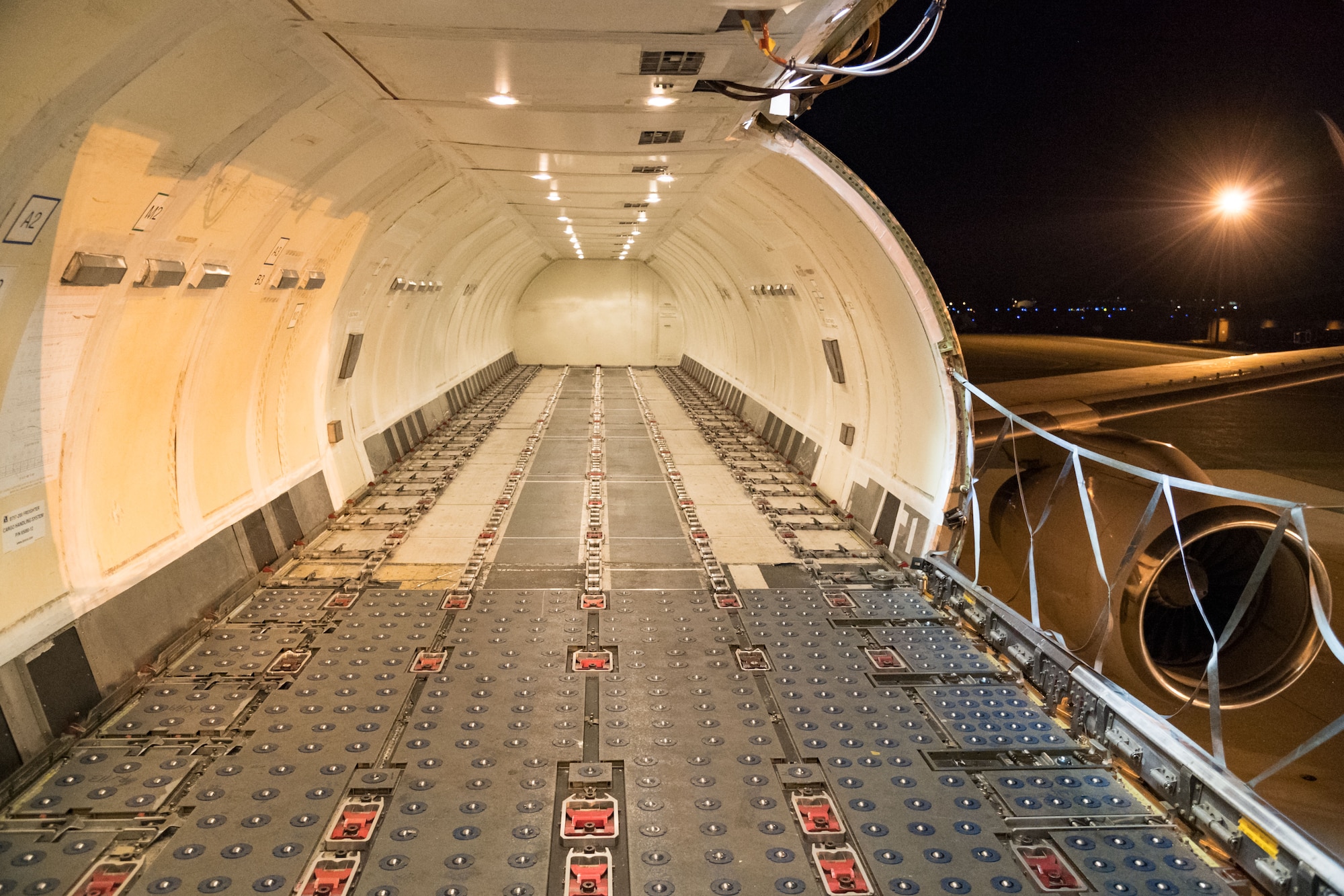 The main deck cargo area of an Air Transport International Boeing 757-200 aircraft waits to be loaded by 436th Aerial Port Squadron ramp services personnel Sept. 8, 2019, at Dover Air Force Base, Del. The ATI aircraft, part of the Civil Reserve Air Fleet program, can accommodate up to 10 pallets. This 757-200 was contracted to transport cargo and 30 Team Dover members to Fairchild AFB, Wash., participating in Mobility Guardian 2019. “This mission is multidimensional and will provide a greater understanding of the commercial airlift capabilities and requirements across Air Mobility Command and the commercial airlift enterprise,” said Maj. Adam Crane, AMC Headquarters CRAF Branch Chief, Scott AFB, Ill. (U.S. Air Force photo by Roland Balik)