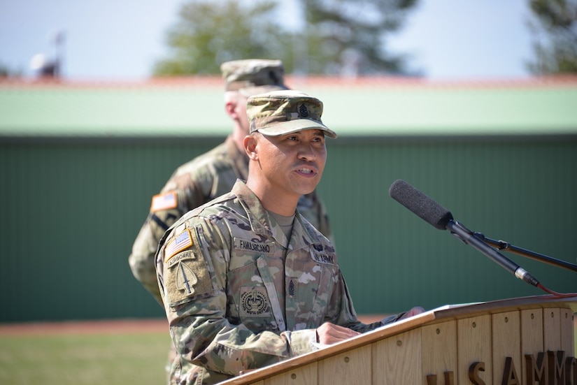 Sgt. Maj. Francis V. Famularcano speaks during a change of responsibility ceremony on Aug. 22 after assuming the role of the senior enlisted adviser to the U.S. Army Medical Materiel Center-Europe in Pirmasens, Germany.