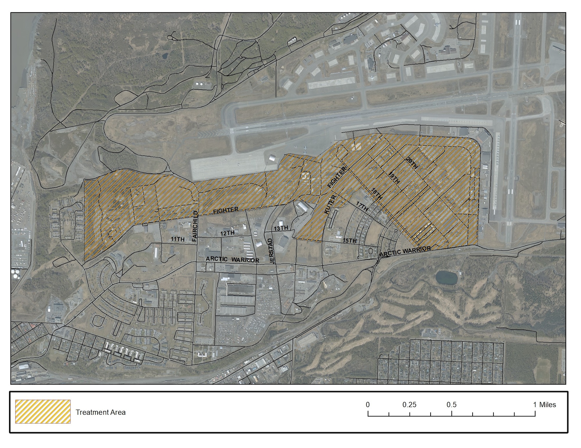 The map shows areas affected by Joint Base Elmendorf-Richardson’s Bird Air Strike Hazard’s project to remove wildlife-attracting trees in BASH zones on Joint Base Elmendorf-Richardson, Alaska. Having fruit trees near runways negatively impacts mission readiness because the trees attract birds, which increases the risk of bird strikes to aircraft.