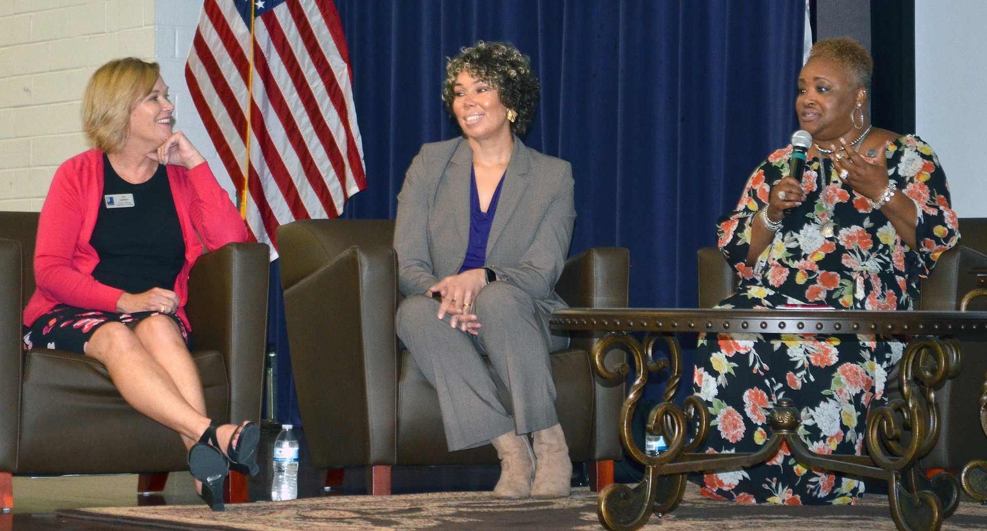 Della Gooding (right) speaks on a panel of spouses of transitioning service members, including Elizabeth Larsen (left) and Kristel Williams (center) during the TAP Too workshop Aug. 28 at the Joint Base San Antonio-Fort Sam Houston Military & Family Readiness Center. The panel consisted of six spouses who have gone through the transition process and shared their experiences with workshop attendees. The workshop was for spouses of transitioning service members and included topics and issues impacting spouses of transitioning service members covered by subject matter experts from programs and organizations throughout JBSA and the local community.
