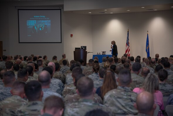 Kristen Christy, the 2018 Air Force Spouse of the Year, shares her personal stories with Reserve Citizen Airmen of the 403rd Wing Sept. 8, 2019 at Keesler Air Force Base, Mississippi. The 403rd Wing held its tactical pause during their September Unit Training Assembly as they hosted Christy during their commander’s calls. (U.S. Air Force photo by Staff Sgt. Shelton Sherrill)