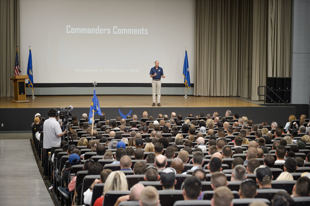 412th Test Wing Commander, Brig. Gen. E. John Teichert, addresses Airmen and civilians at the base theater during a Tactical Pause Day on Edwards Air Force Base, Sept. 3. The Resilience Tactical Pause is an ongoing opportunity for leaders at all levels to respond to the matter of suicide. (U.S. Air Force photo by Harley Huntington)