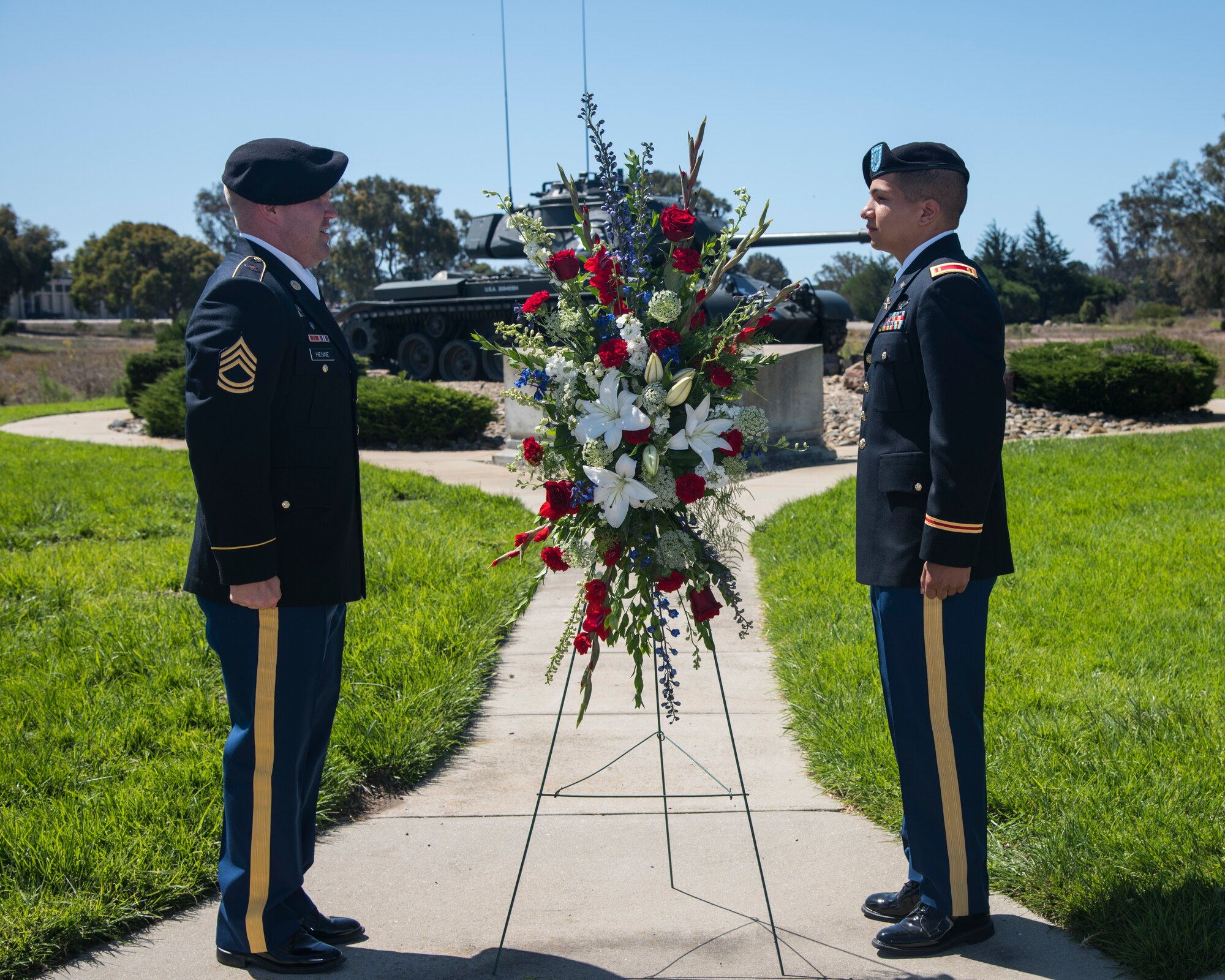 2nd Lt Jose Montalvo, 100th Missile Defense Brigade detachment liaison officer and Sergeant First Class Grant Henne, 100th Missile Defense Brigade detachment non-commissioned officer in charge, presented a wreath in honor of the 75th anniversary of the 11th Armored Division’s completion of training, which occurred on Camp Cooke, September 10, 2019 at Vandenberg Air Force Base, Calif. After leaving Camp Cooke, the 11th AD landed on the beaches of Normandy and plunged into the Battle of the Buldge in 1944. (U.S. Air Force photo by Airman 1st Class Aubree Milks)