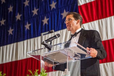 Former District of Columbia National Guardsman Dr. Mark T. Esper, who became the 27th Secretary of Defense in July, speaks at the District of Columbia National Guard’s Military Ball May 5, 2018 in the DCNG Armory. Esper is a former DCNG Capital Guardian, having served in the Mobilization Augmentation Detachment 4, as a major, prior to and following the Sept. 11 attacks