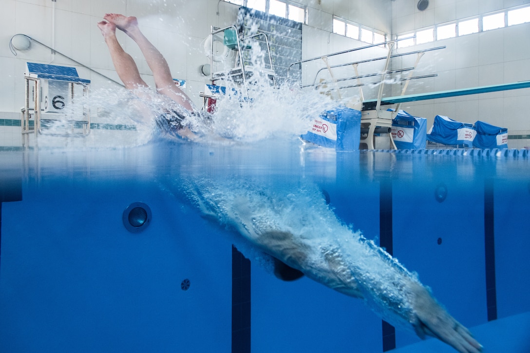 A man dives into a swimming pool.