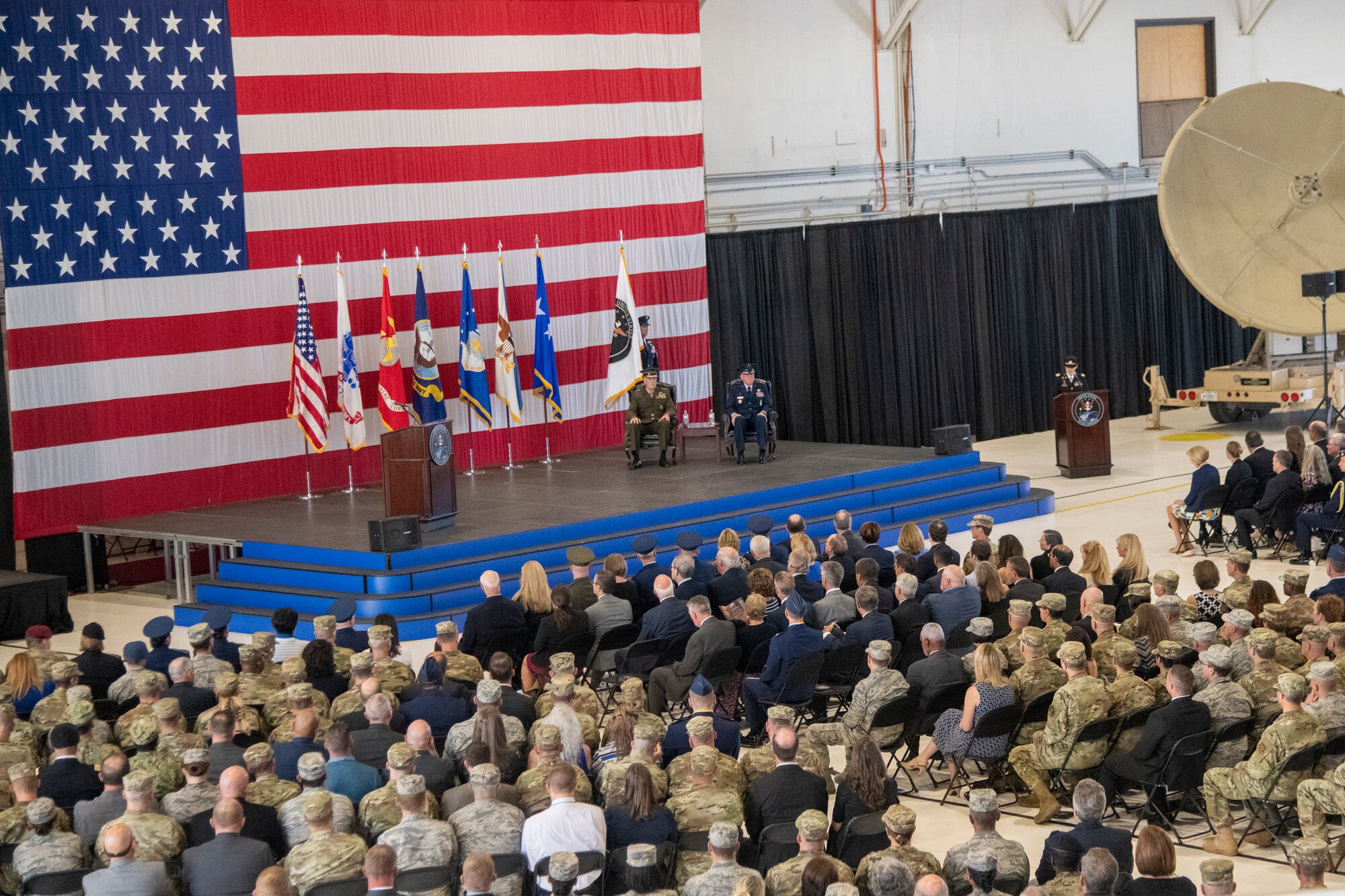 Marine Corps Gen. Joe Dunford, chairman of the Joint Chiefs of Staff, and Air Force Gen. John W. Raymond, commander, U.S. Space Command and Air Force Space Command, deliver remarks at the USSPACECOM Recognition and Establishment Ceremony at Peterson Air Force Base, Colorado Sept. 9, 2019.