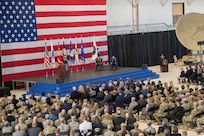 Marine Corps Gen. Joe Dunford, chairman of the Joint Chiefs of Staff, and Air Force Gen. John W. Raymond, commander, U.S. Space Command and Air Force Space Command, deliver remarks at the USSPACECOM Recognition and Establishment Ceremony at Peterson Air Force Base, Colorado Sept. 9, 2019.