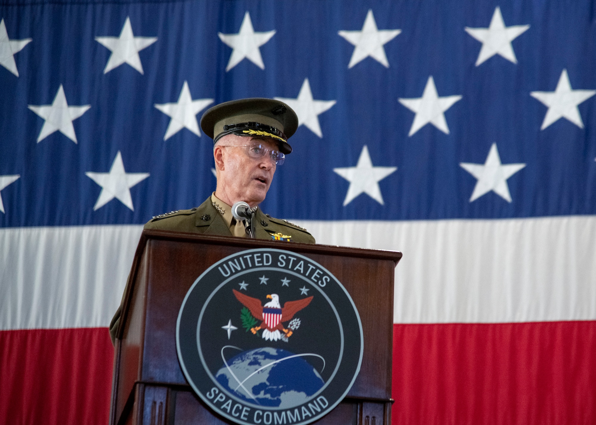 Marine Corps Gen. Joe Dunford, chairman of the Joint Chiefs of Staff, delivers remarks at the U.S. Space Command Recognition and Establishment Ceremony at Peterson Air Force Base, Colorado Sept. 9, 2019.
