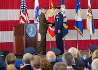 Marine Corps Gen. Joe Dunford, chairman of the Joint Chiefs of Staff, introduces Air Force Gen. John W. Raymond, commander, U.S. Space Command and Air Force Space Command, during the USSPACECOM Recognition and Establishment Ceremony at Peterson Air Force Base, Colorado Sept. 9, 2019.