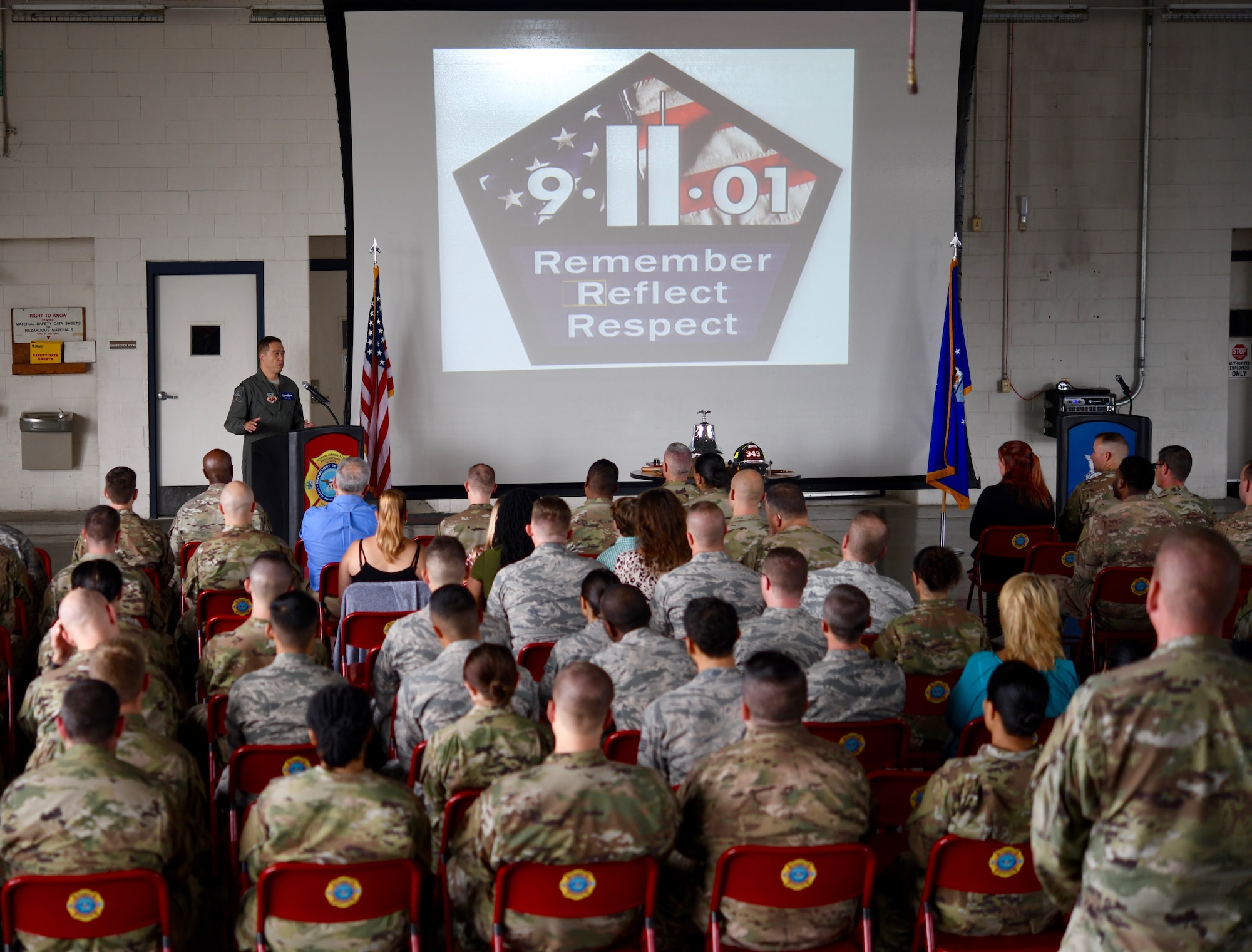 Col. Donn Yates, 4th Fighter Wing commander, addresses attendees during the 9/11 Remembrance Ceremony at Seymour Johnson Air Force Base, North Carolina, Sept. 11, 2019.