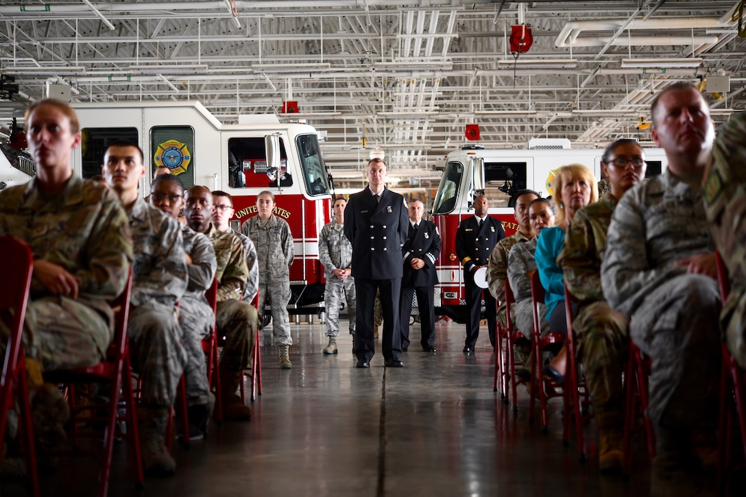 Michael Blackburn, 4th Civil Engineer Squadron assistant fire chief, stands at the center of the 9/11 Remembrance Ceremony at Seymour Johnson Air Force Base, North Carolina, Sept. 11, 2019.