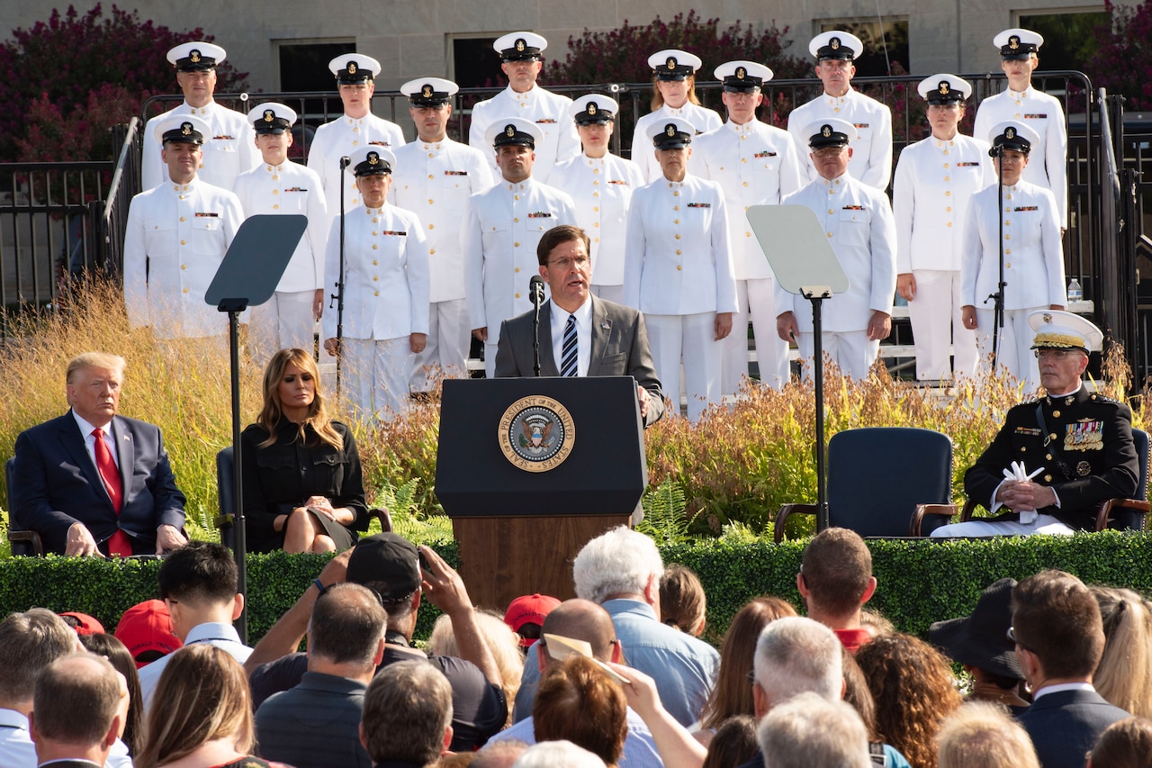 Defense Secretary Dr. Mark T. Esper speaks at a ceremony.