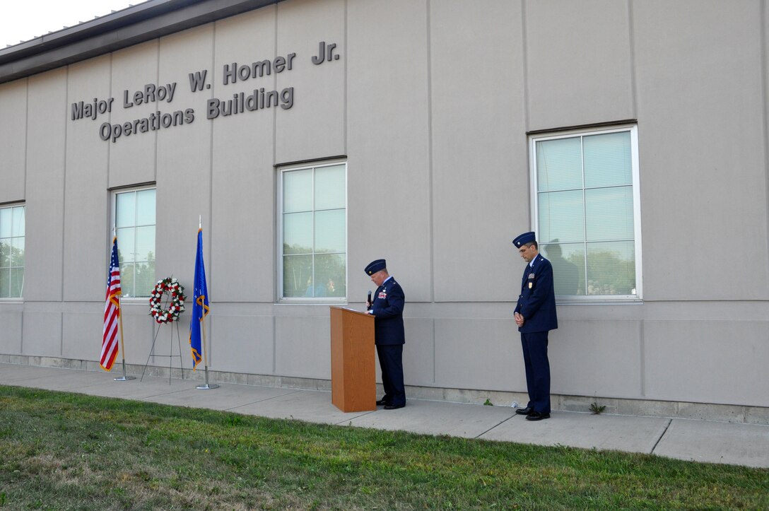 Maj. (Chaplain) David Williams, 88th Air Base Wing Chaplain Corps, offers words of comfort to members of the 445th Airlift Wing, Sept. 11, 2019, during the wing’s Patriot Day ceremony.