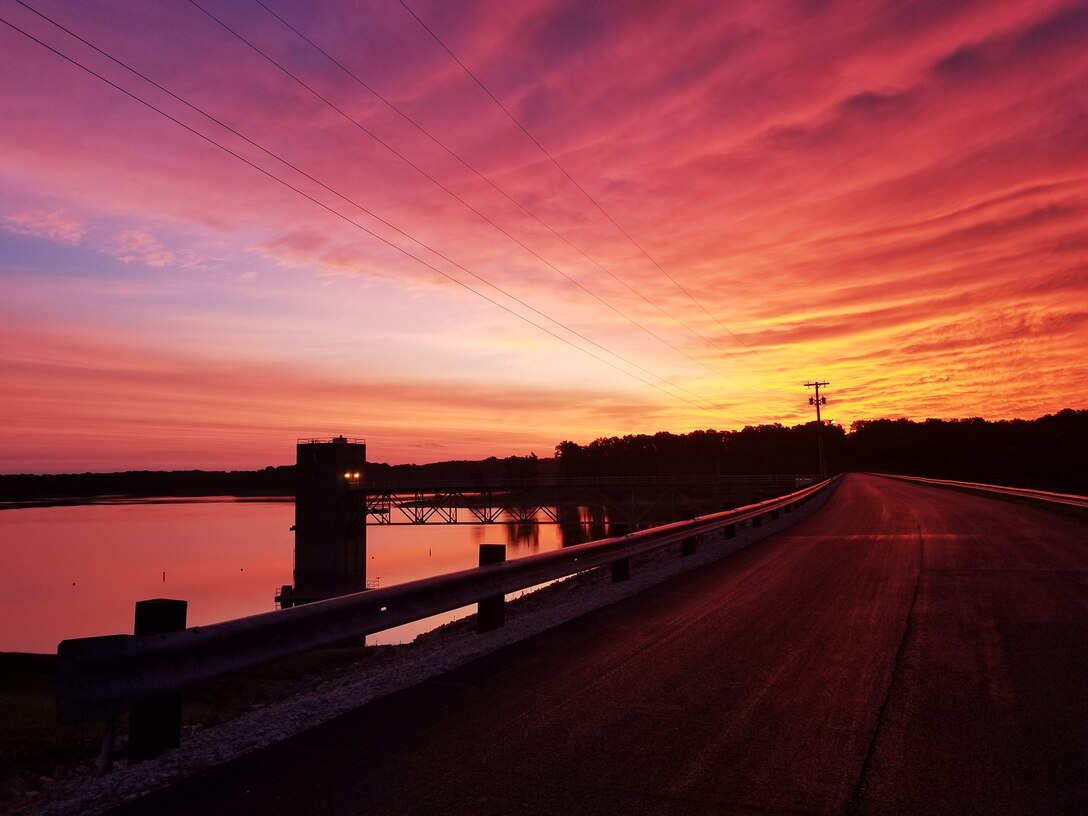 A warm sunrise over Cecil. M Harden Dam in Rockville, Indiana. (USACE photo by Chris DeSmit)