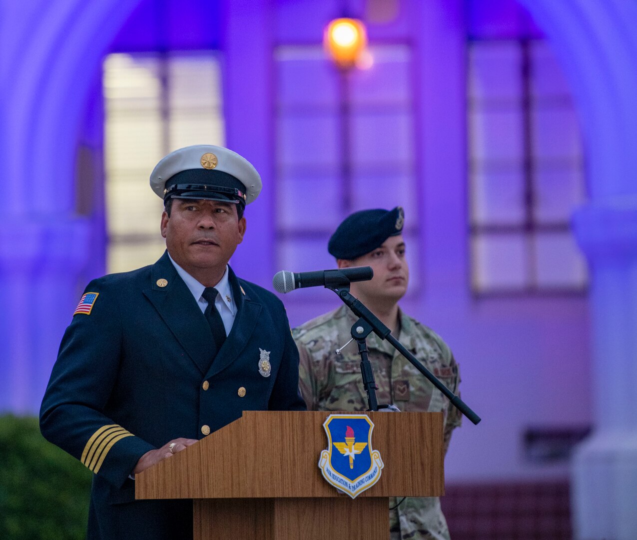 Deputy Fire Chief Michael Guzman, Joint Base San Antonio-Lackland, speaks during a 9/11 remembrance ceremony Sept. 11 at Joint Base San Antonio-Randolph. The event honored those who lost their lives in New York City, Washington D.C. and Pennsylvania during terrorist attacks 18 years ago.